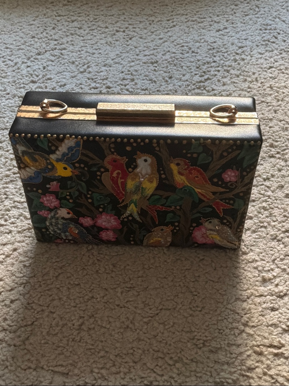 Floral Bird Embroidered Box Clutch in Black and Multicolor - Picture 2 of 11